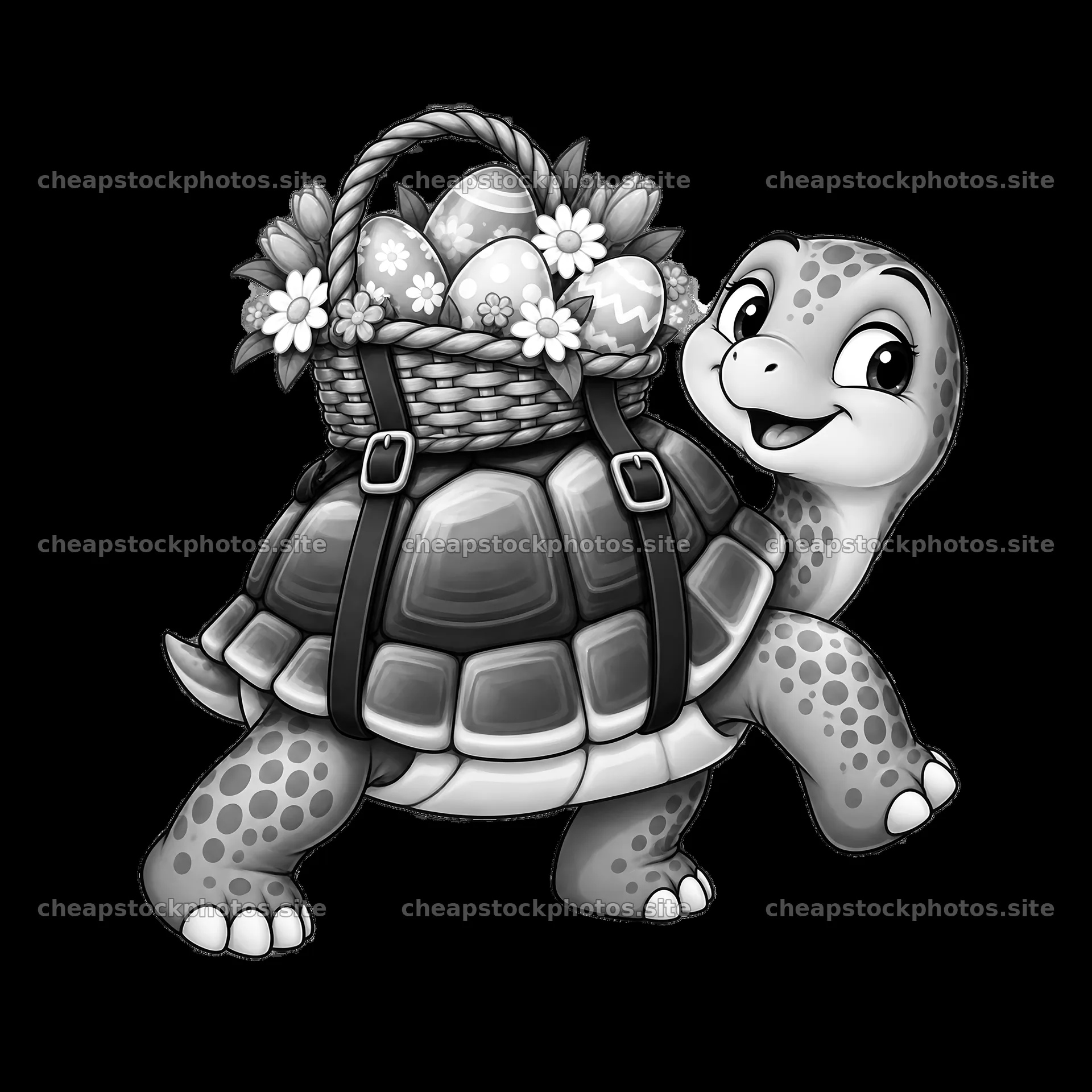 Turtle carrying Easter basket filled with decorated eggs – stock photos 7746x7746