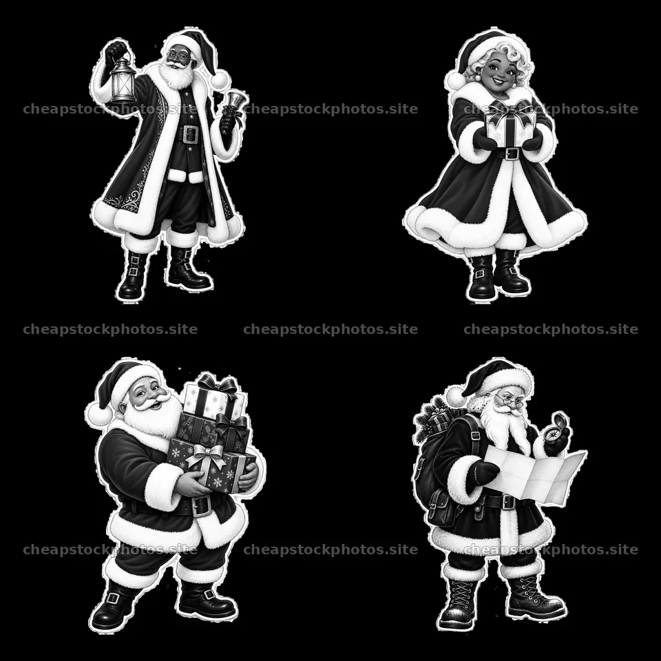 Santa Claus characters in a 2x2 monochrome sticker design – stock photos 7746x7746
