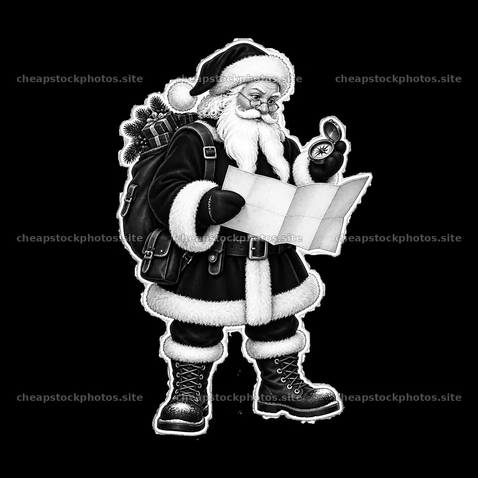 Santa Claus with a map and compass planning his route – stock photos 7746x7746