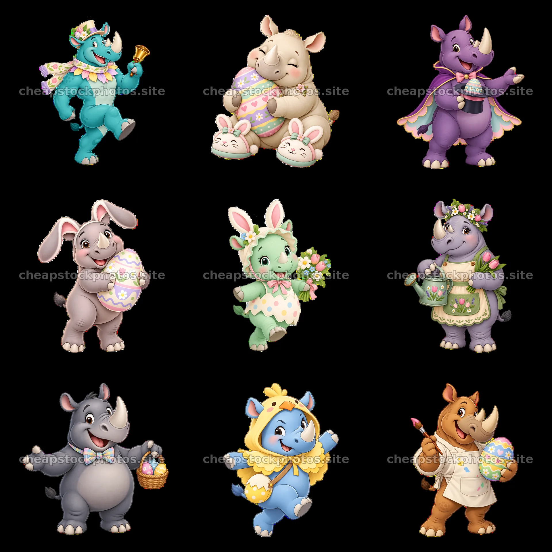 Easter themed cartoon stickers featuring cute rhinoceros characters – stock photos 7746x7746