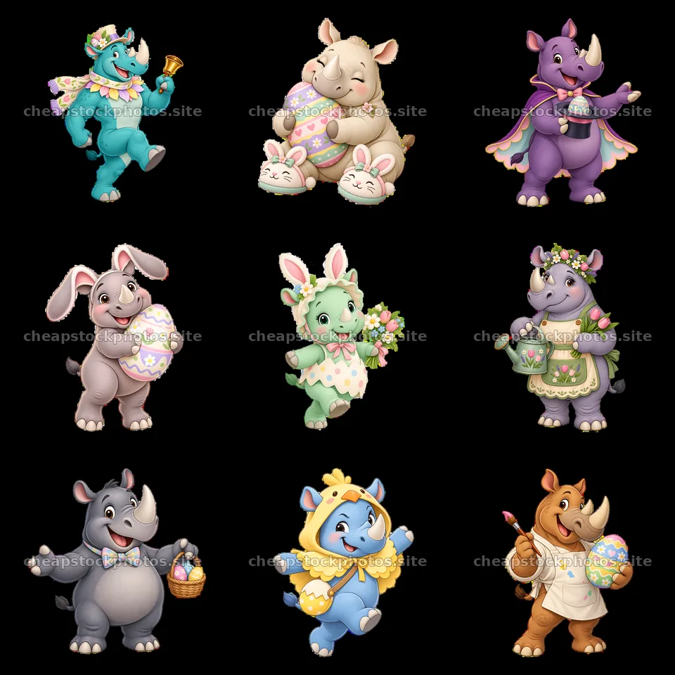 Easter themed cartoon stickers featuring cute rhinoceros characters – stock photos 7746x7746