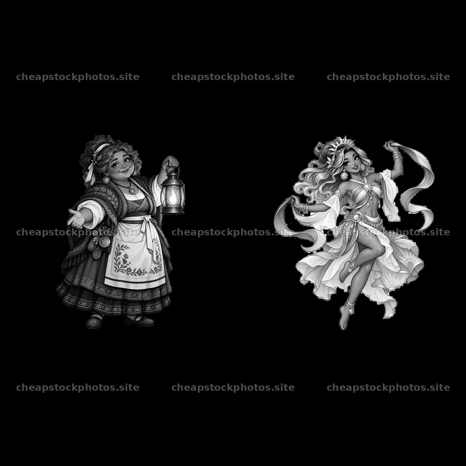 Pagan gods in motion with one holding a lantern and one dancing – stock photos 7746x7746