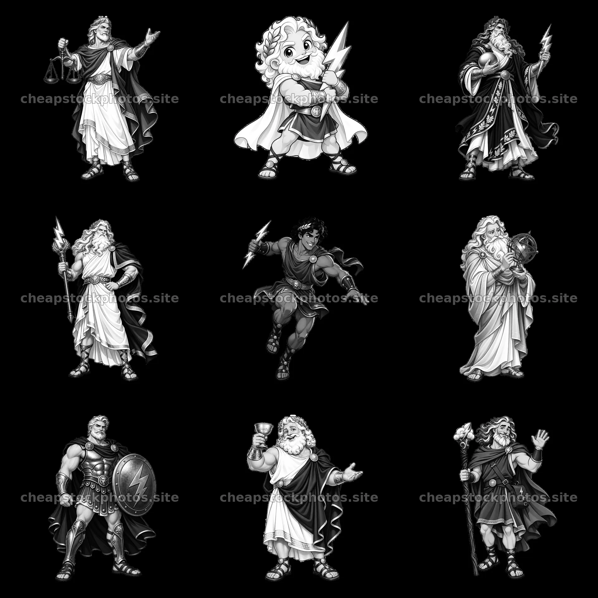Zeus and Greek gods set in black and white cartoon style – stock photos 7746x7746