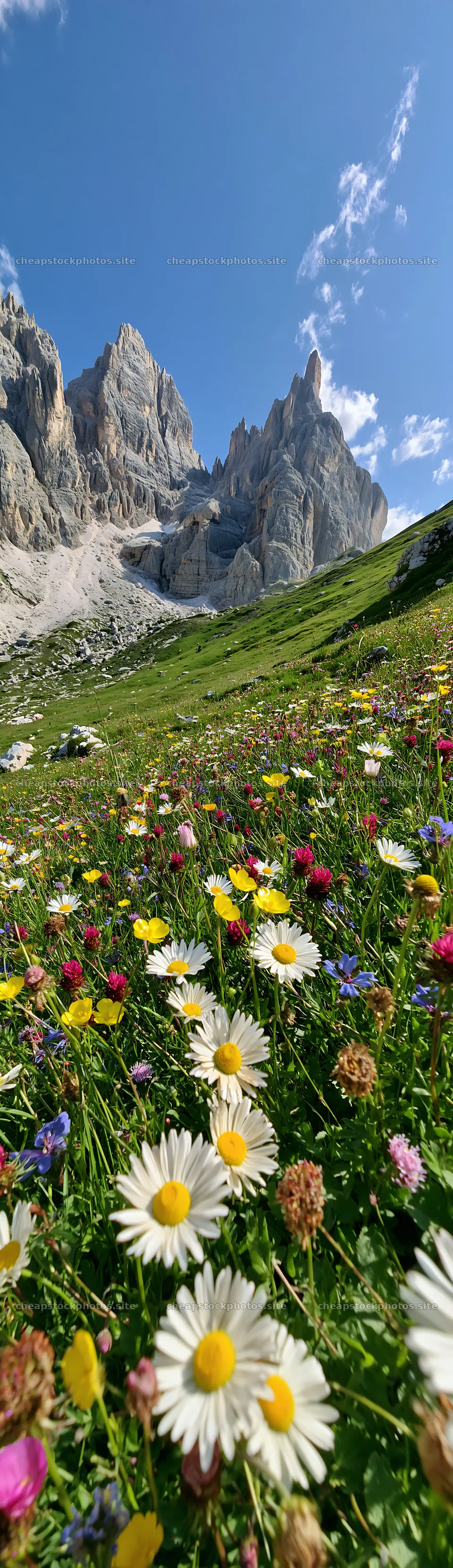 Regenerative meadow with flowers and mountains in background – stock photos 4268x14762