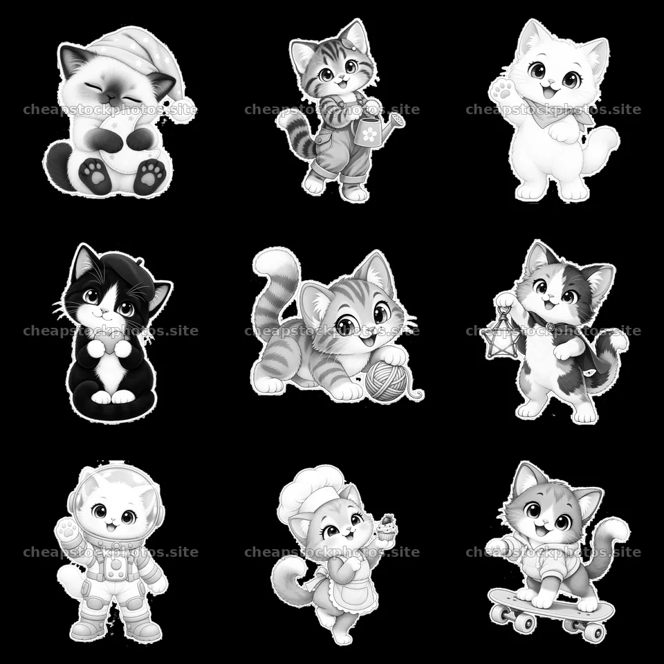 Kawaii cat stickers in playful poses and outfits arranged in grid – stock photos 7746x7746
