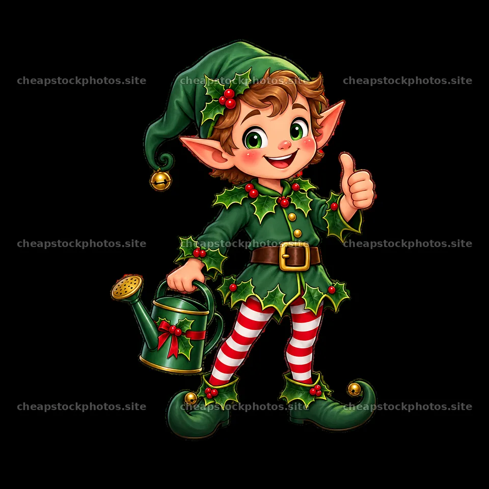 Cheerful elf with watering can and thumbs up – stock photos 7746x7746