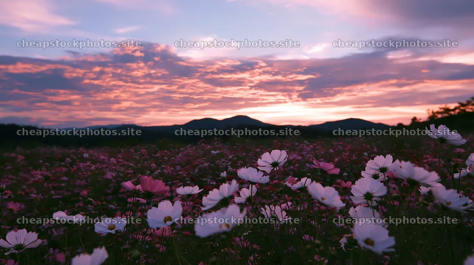 Colorful cosmos meadow at sunset with mountain backdrop – stock photos 10608x5938