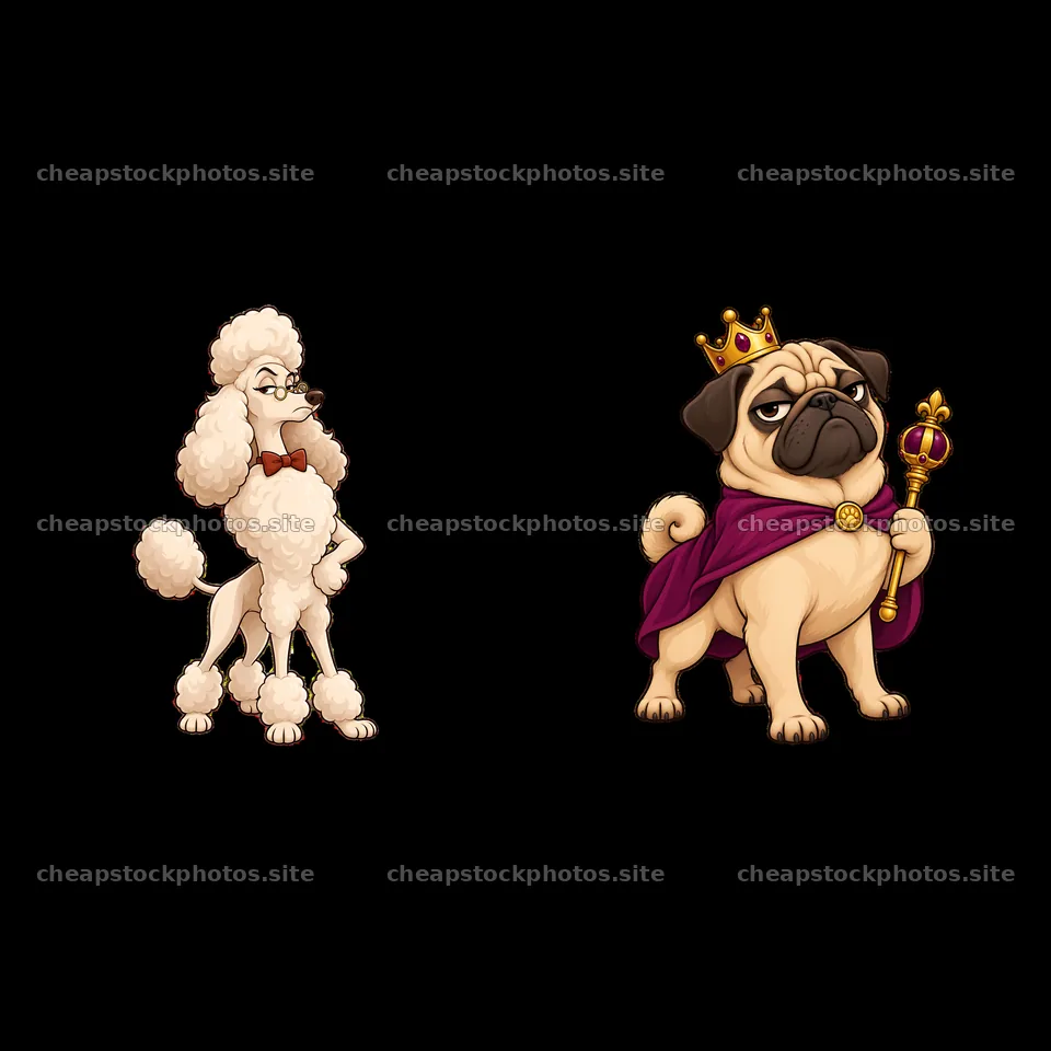 Grumpy dog wearing a crown and sassy poodle with bow tie – stock photos 7746x7746