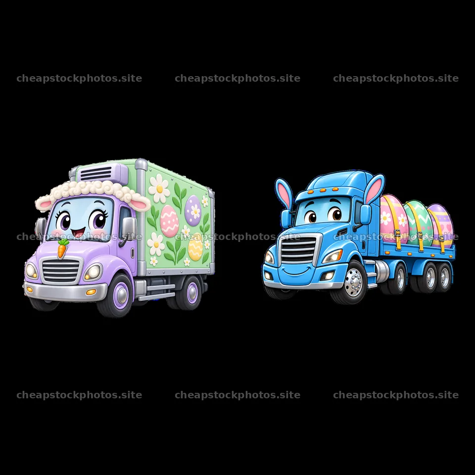Easter trucks with colorful decorations and cheerful designs – stock photos 7746x7746