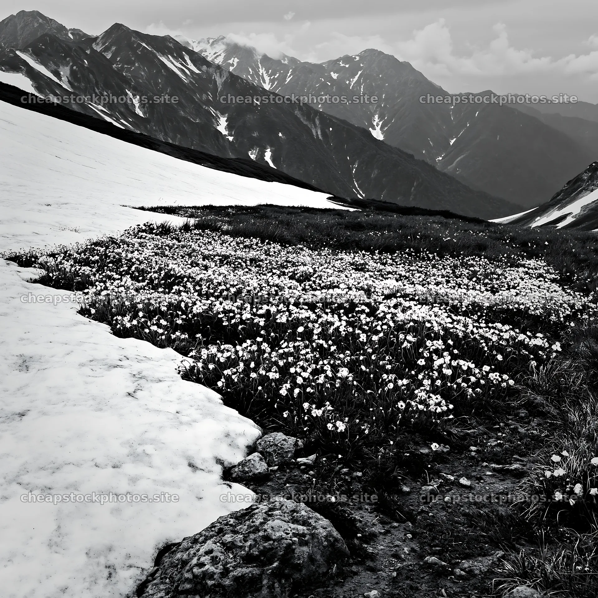 Toyama alpine meadow snowmelt rock foreground with flowers – stock photos 7938x7938