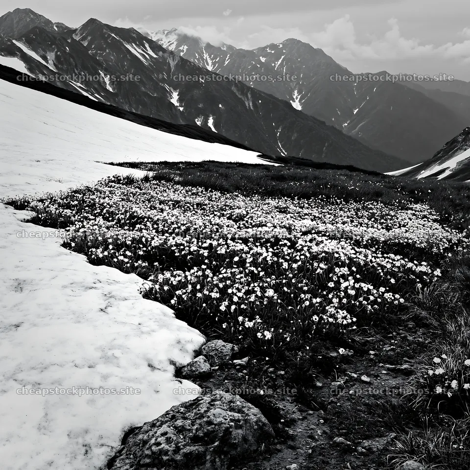 Toyama alpine meadow snowmelt rock foreground with flowers – stock photos 7938x7938