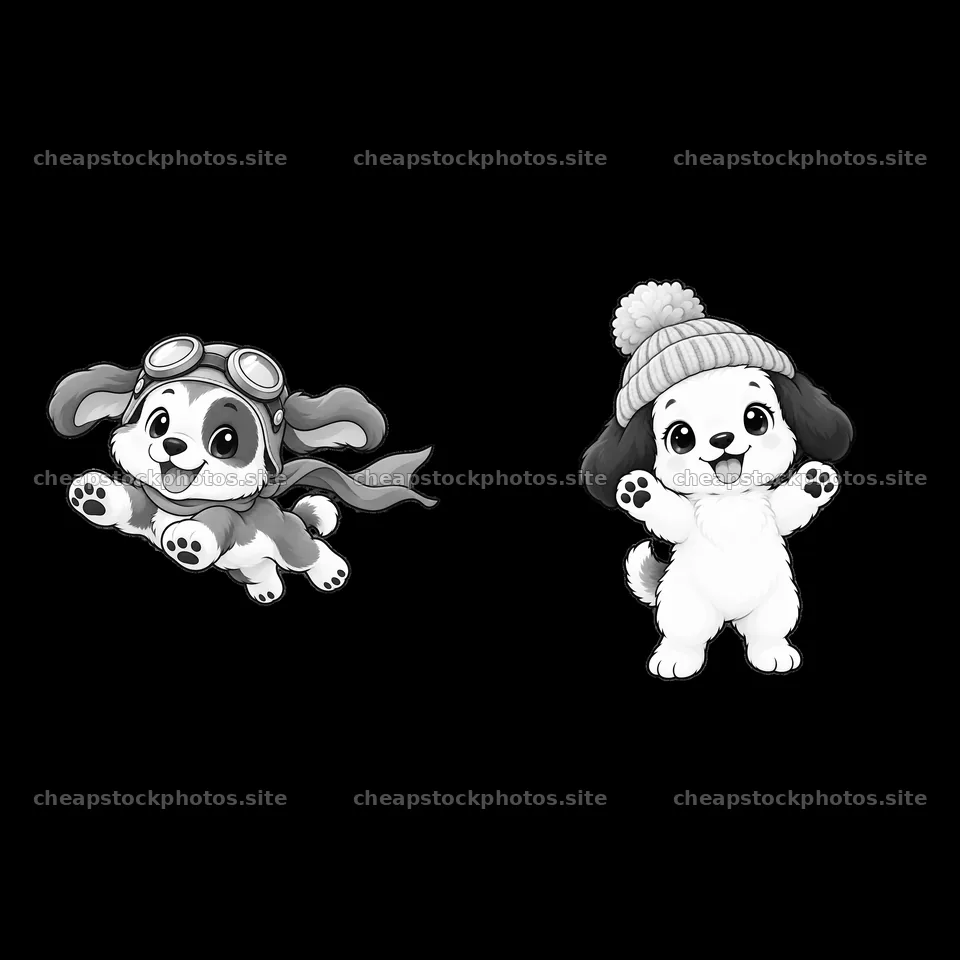 Two cute cartoon dogs in playful poses with accessories – stock photos 7746x7746