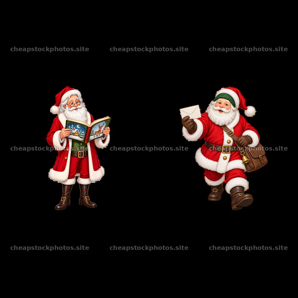 Santa Claus reading a letter and holding an envelope with a bag – stock photos 7746x7746