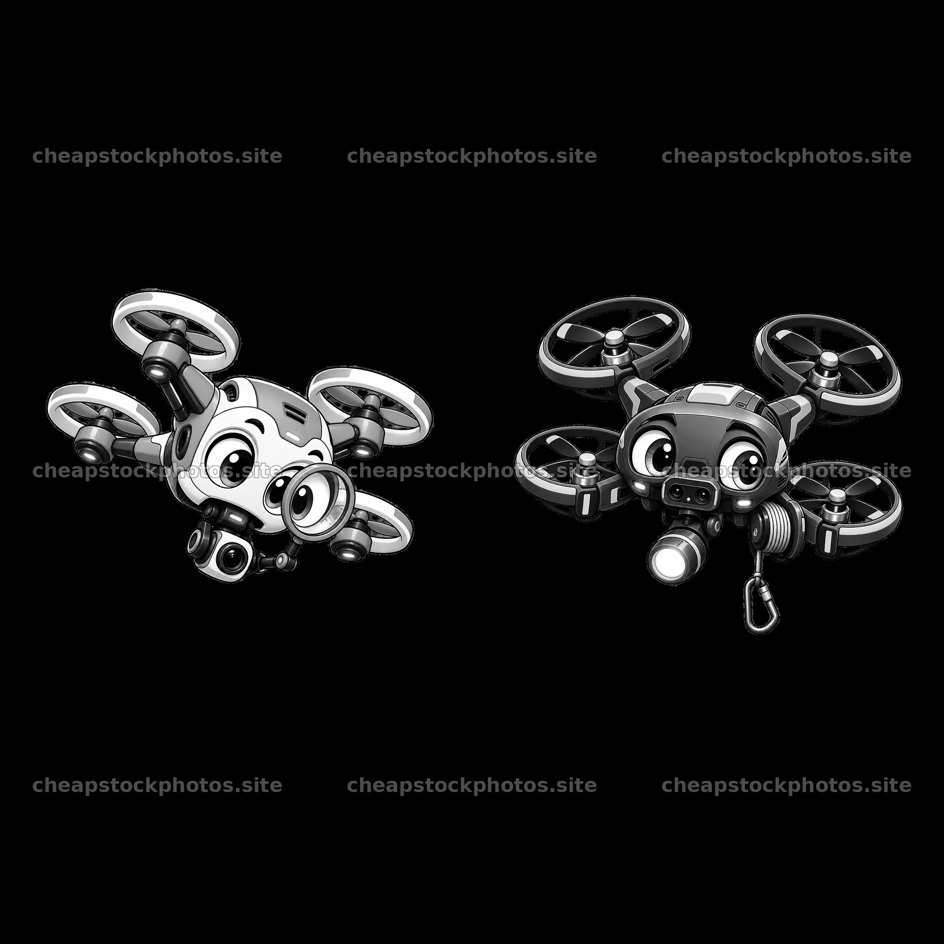 Two cartoon drones with unique designs and accessories – stock photos 7746x7746