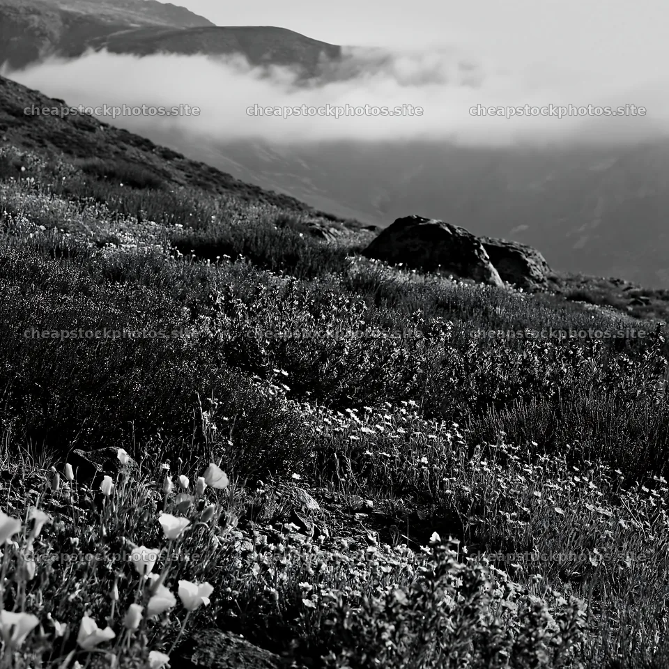 Poppy larkspur meadow in black and white landscape – stock photos 7938x7938