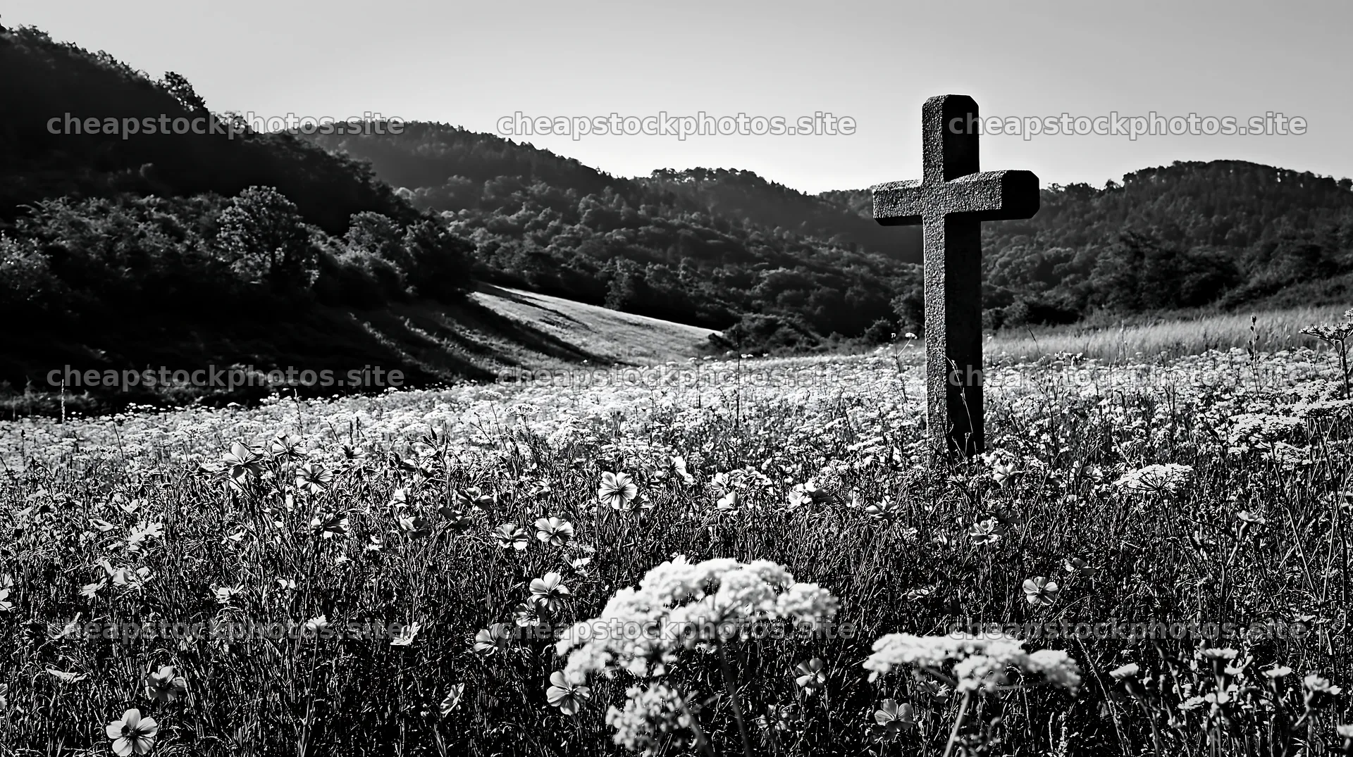 Christian cross in morning meadow with flowers and hills – stock photos 10608x5938
