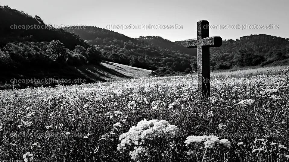 Christian cross in morning meadow with flowers and hills – stock photos 10608x5938