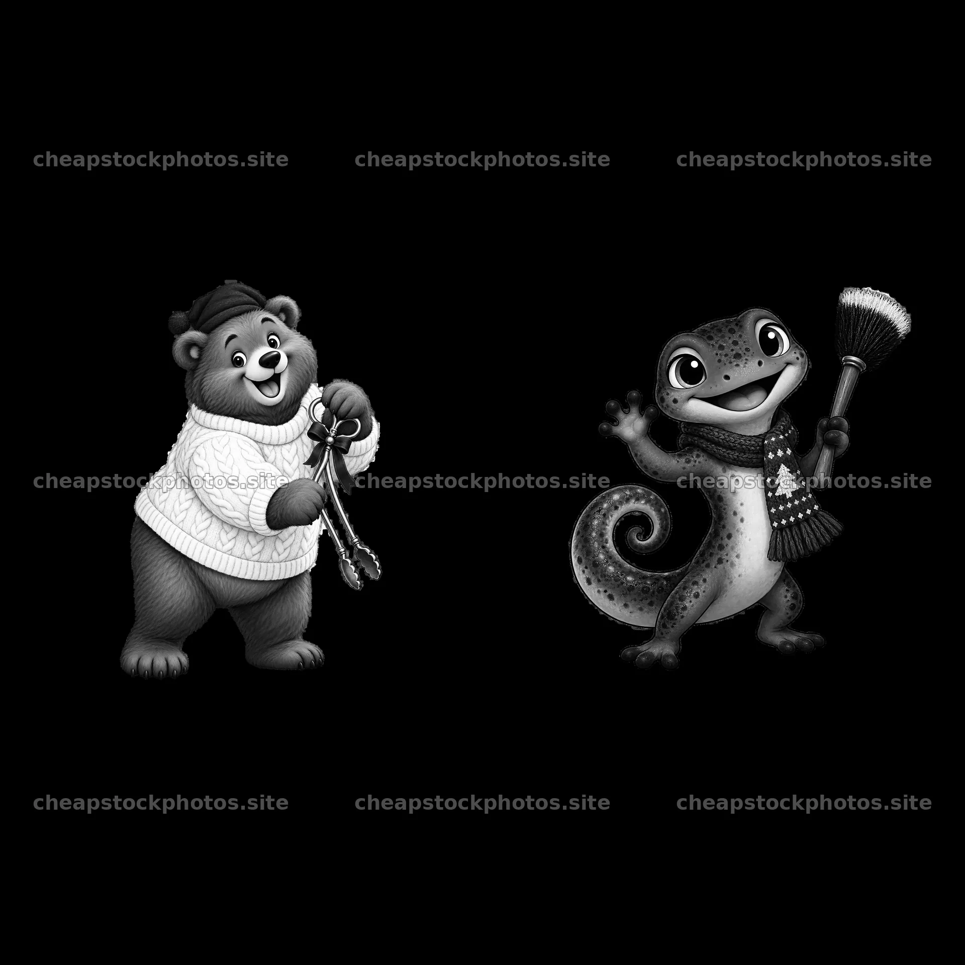 Cartoon bear and gecko with Christmas accessories by fireplace – stock photos 7746x7746