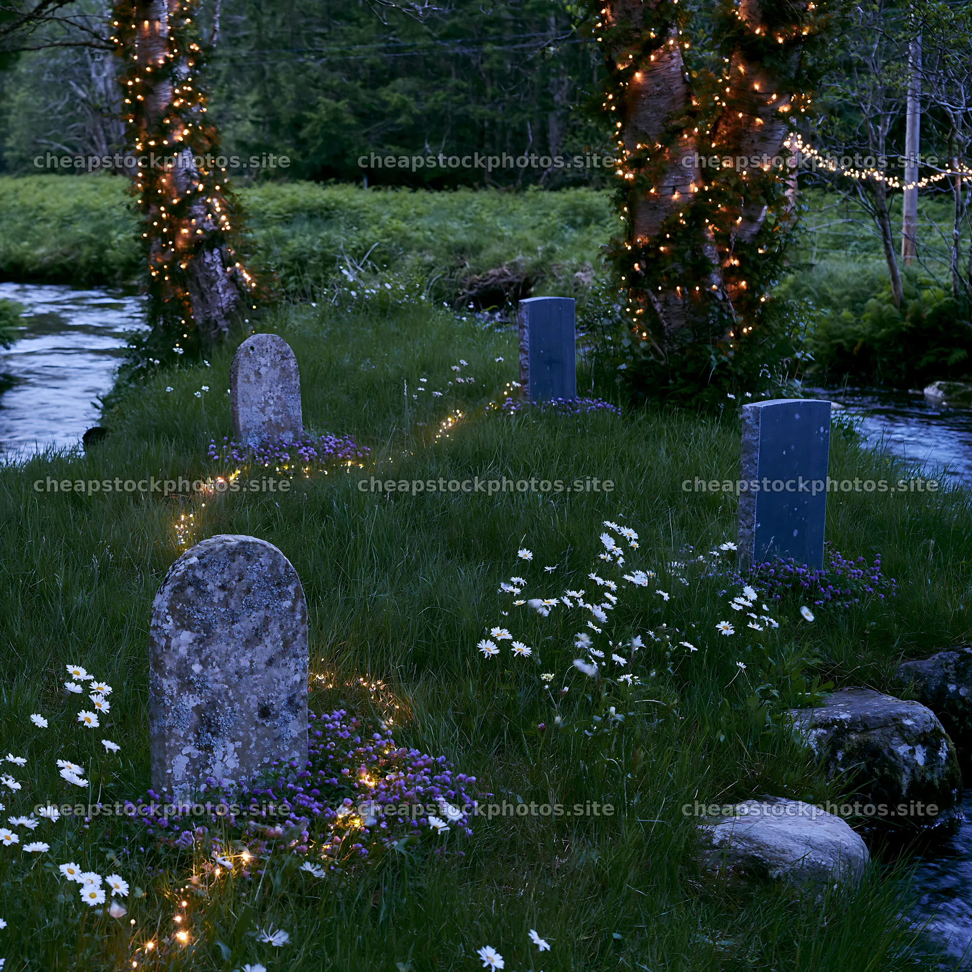Christmas lights beside stream in meadow at dusk – stock photos 7938x7938