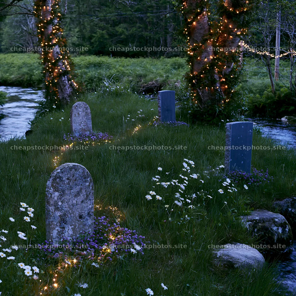 Christmas lights beside stream in meadow at dusk – stock photos 7938x7938
