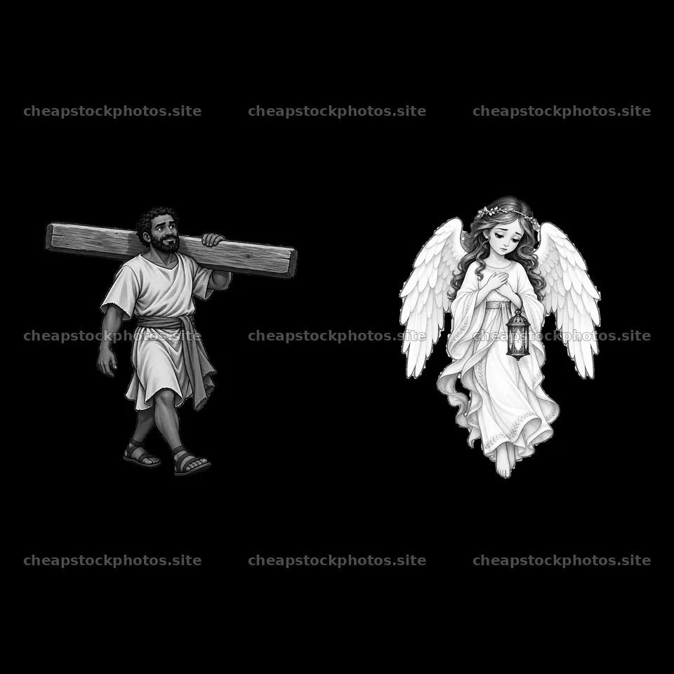 Jesus carrying the cross and an angel with a lantern – stock photos 7746x7746
