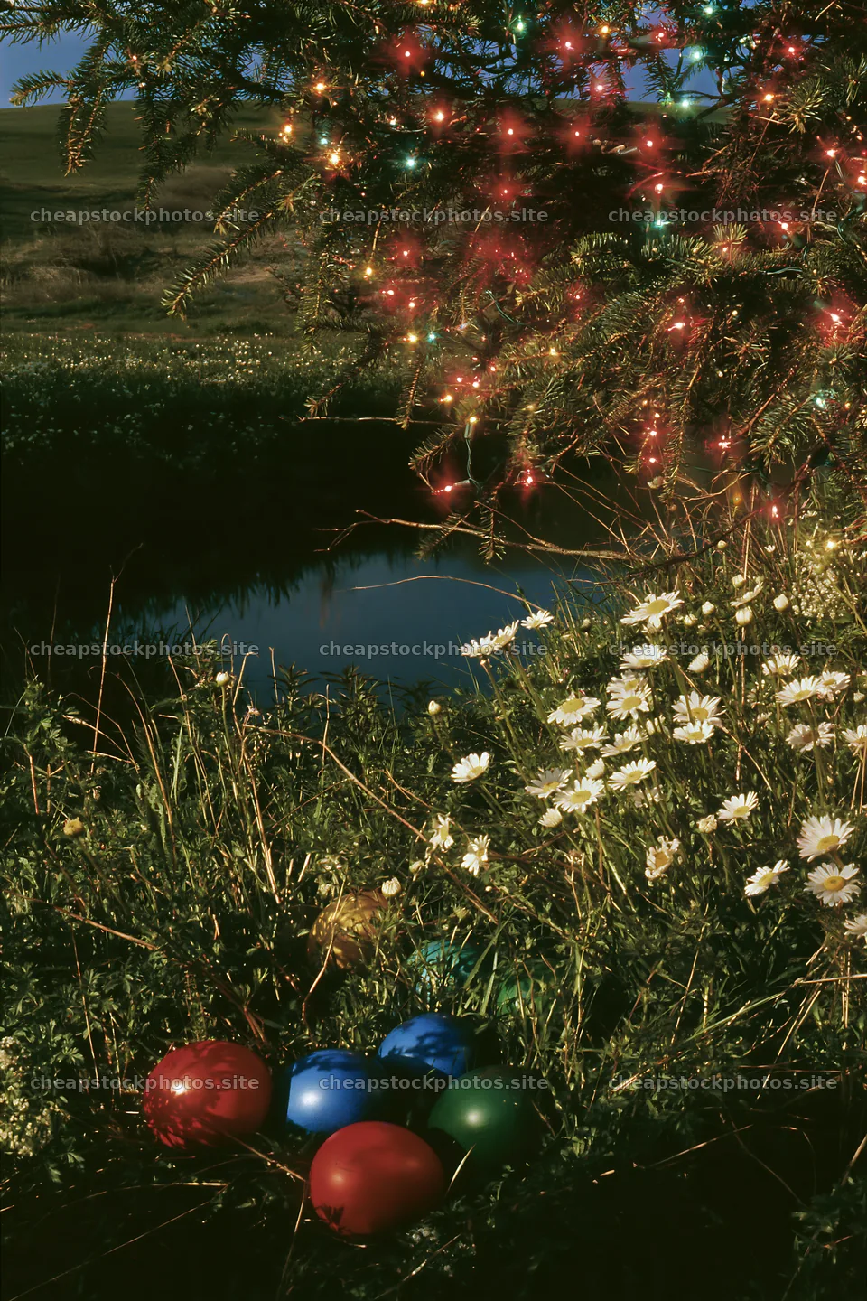 Christmas tree beside stream in a meadow with colorful ornaments – stock photos 6480x9722