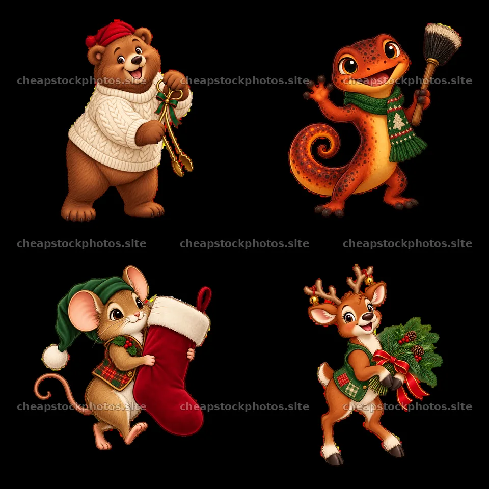 Christmas animals celebrating by the fireplace with gifts – stock photos 7746x7746
