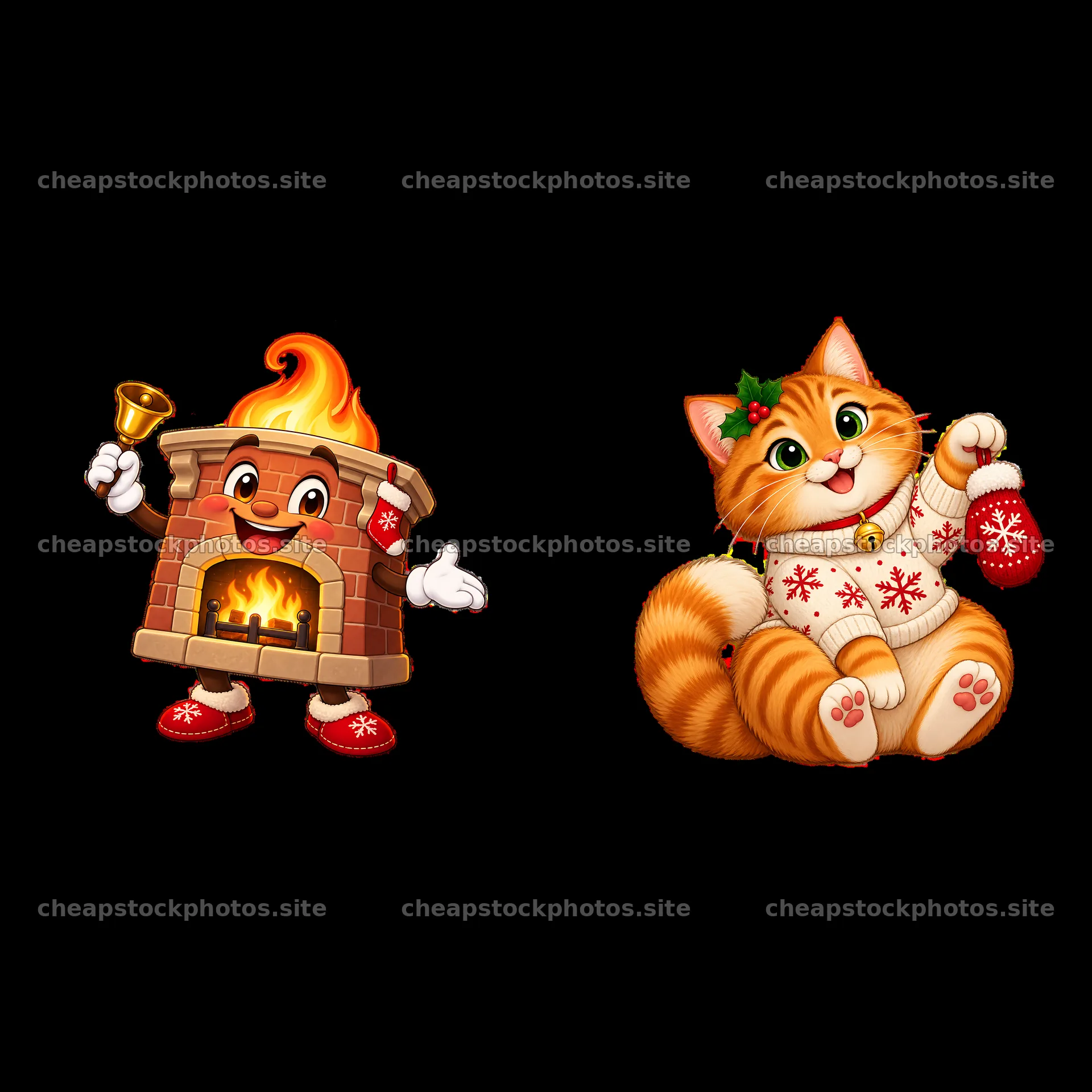 Cute fireplace and cat character in Christmas theme – stock photos 7746x7746