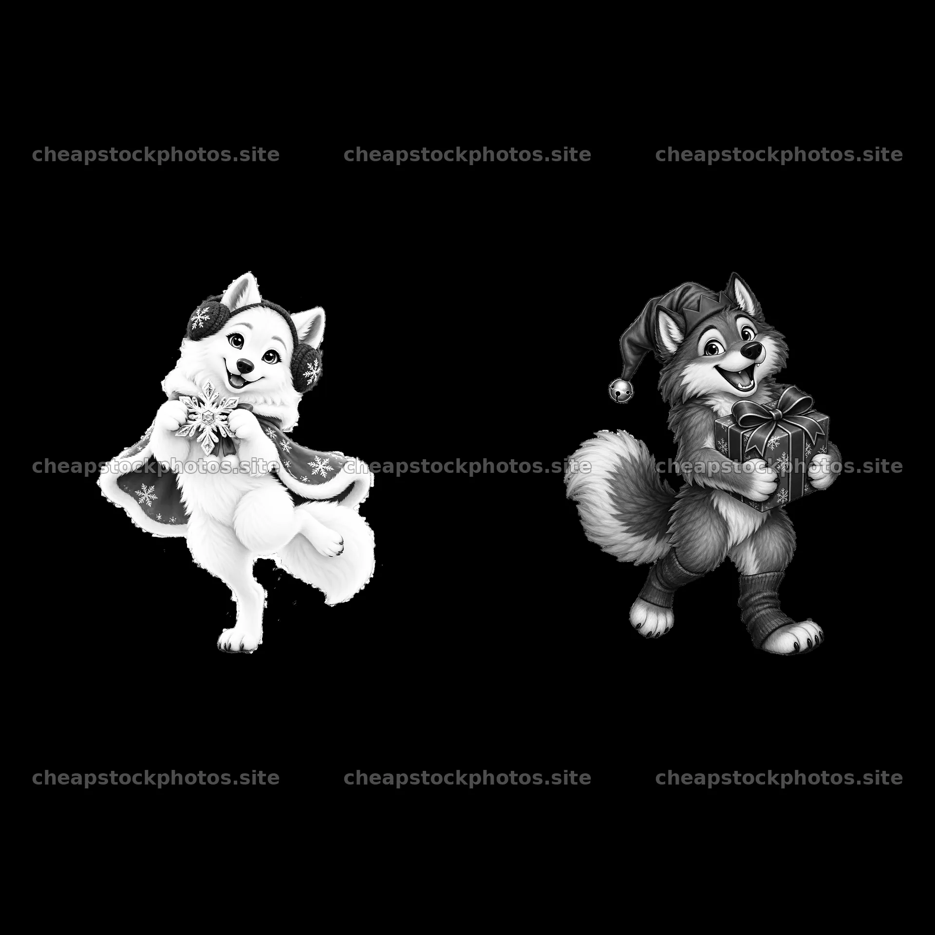 Christmas wolf characters celebrating with gifts and decorations – stock photos 7746x7746