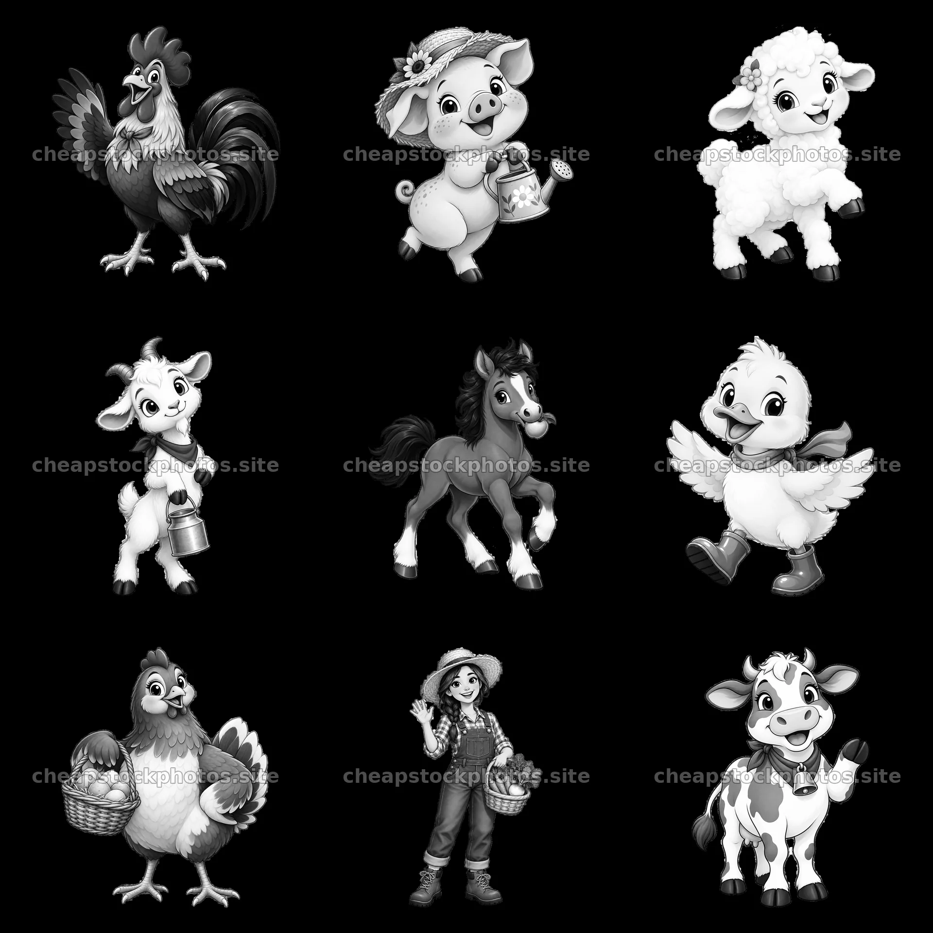 Farm animals and character illustrations in a 3x3 grid – stock photos 7746x7746