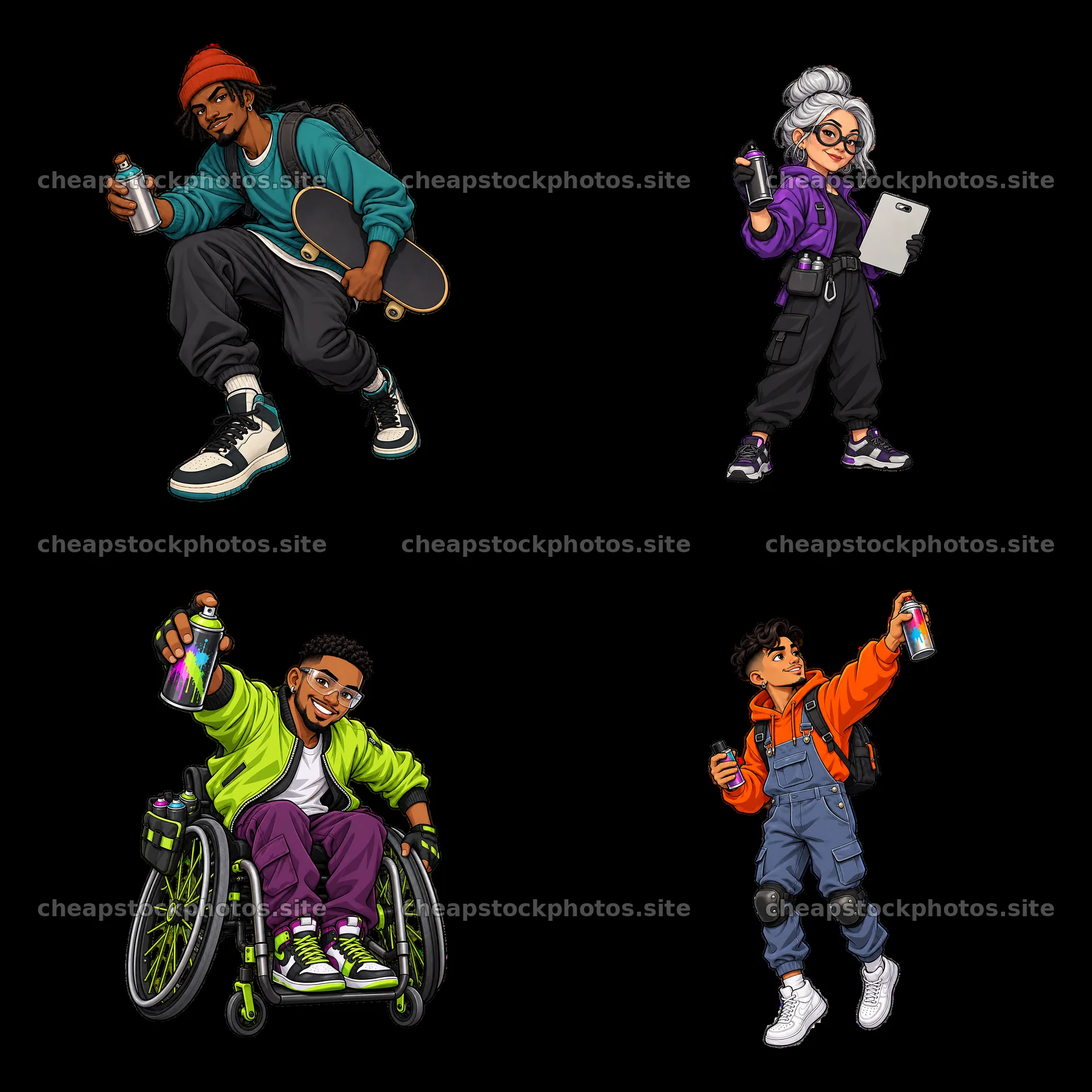 Cartoon graffiti sprayers in streetwear style with spray paint cans – stock photos 7746x7746