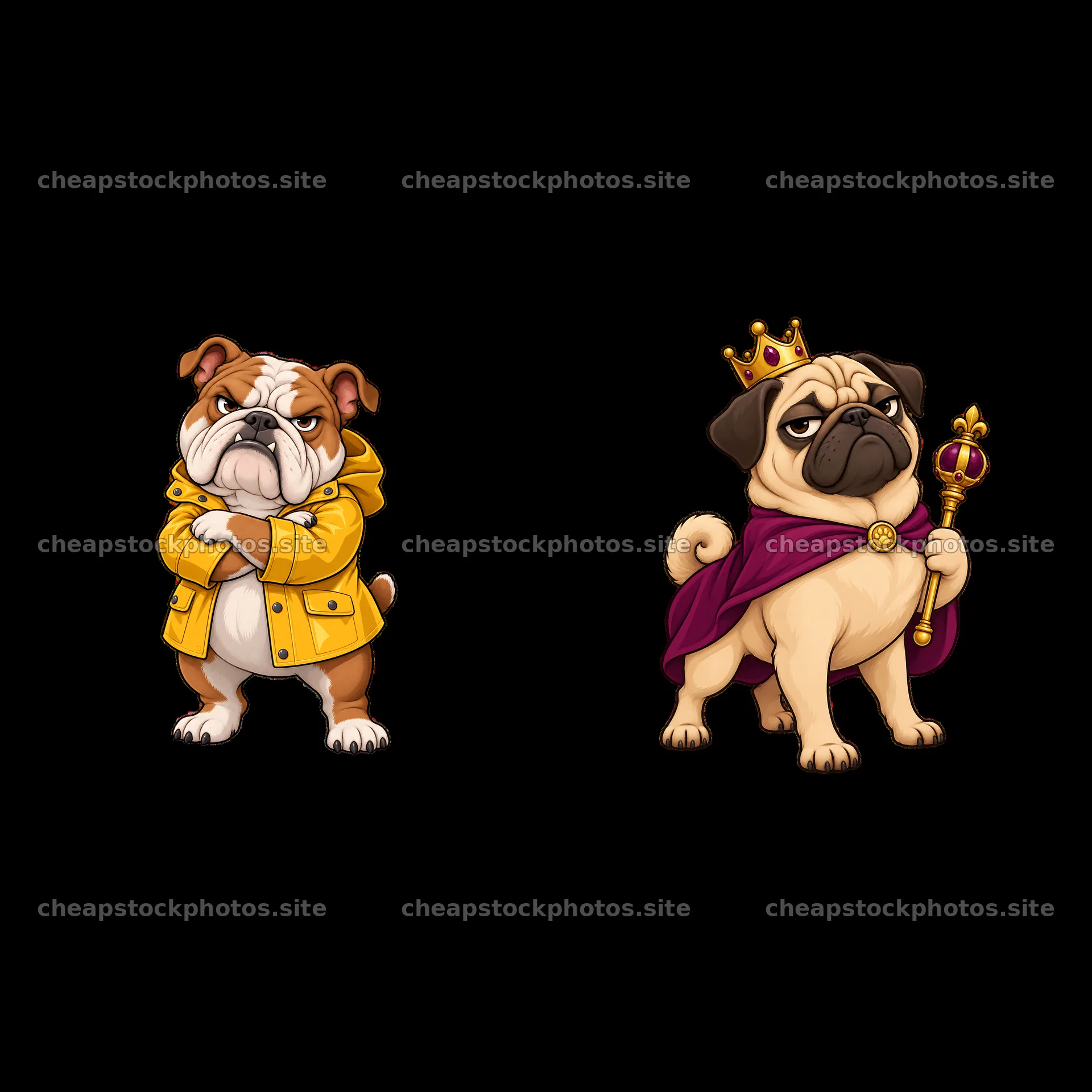 Grumpy dog characters with crown and yellow raincoat – stock photos 7746x7746