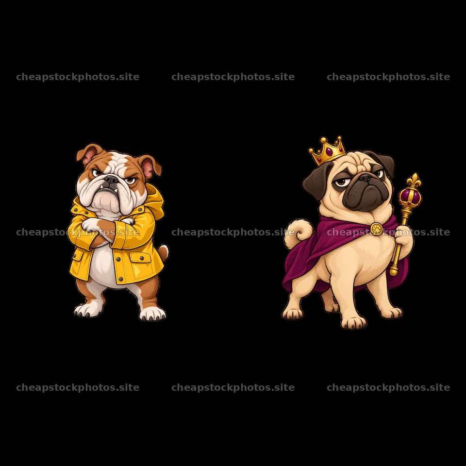 Grumpy dog characters with crown and yellow raincoat – stock photos 7746x7746