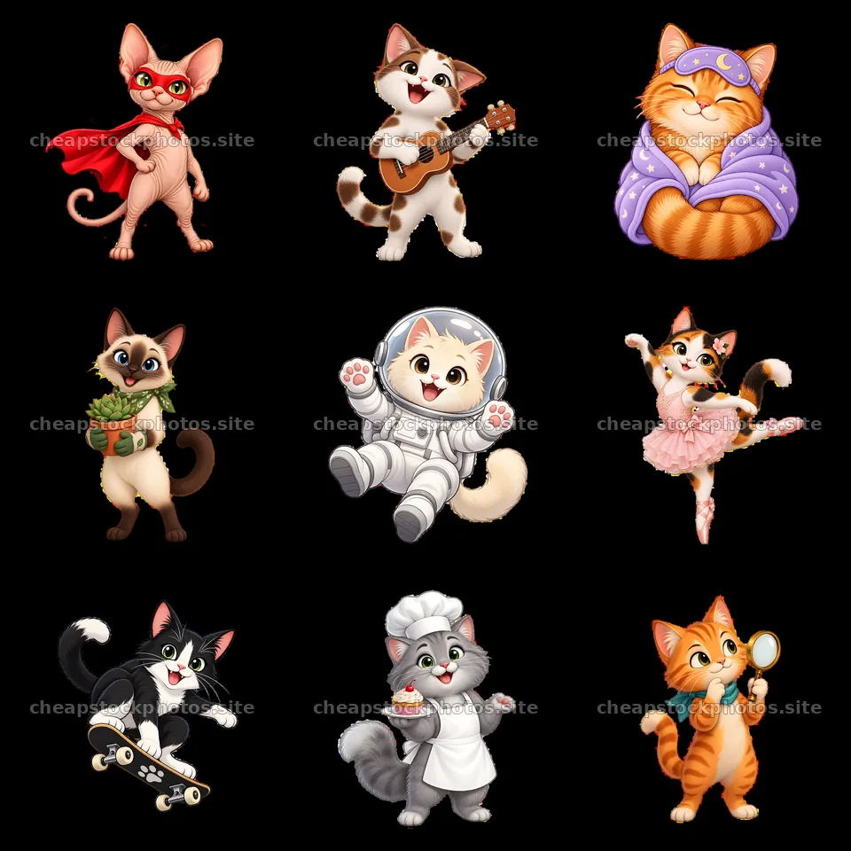 Colorful cartoon cats in various fun activities – stock photos 7746x7746