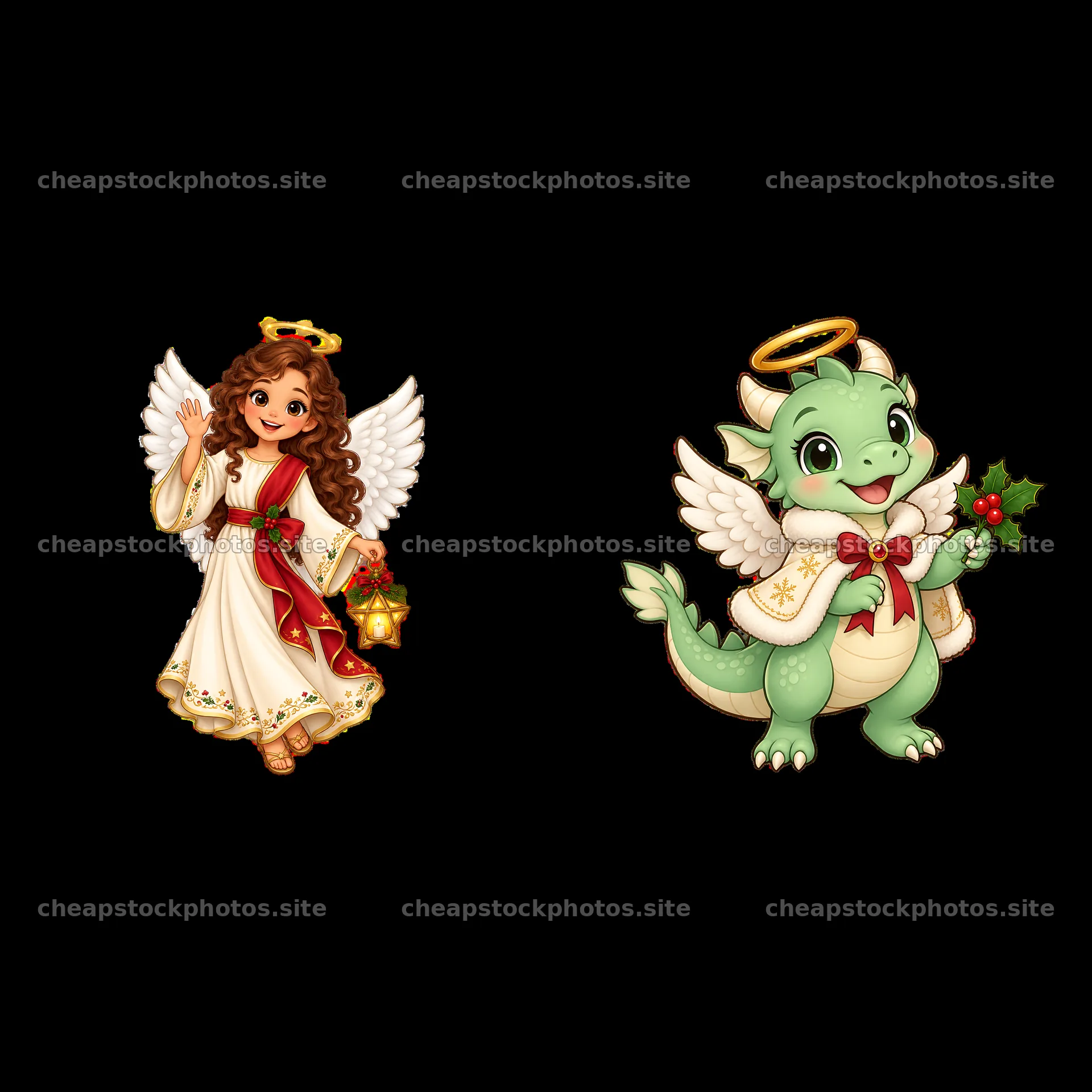 Christmas angel and dragon character sticker set – stock photos 7746x7746