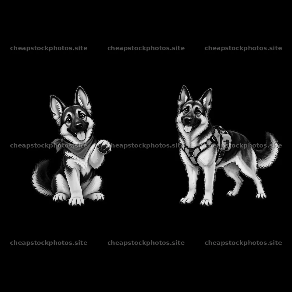 German Shepherd dog cartoon sticker with ball and harness – stock photos 7746x7746