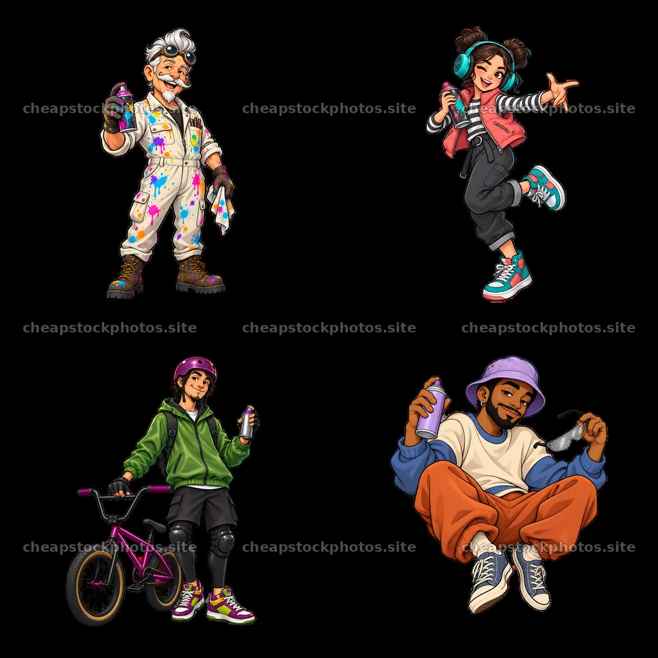 Cool graffiti sprayer characters in colorful urban settings – stock photos 7746x7746