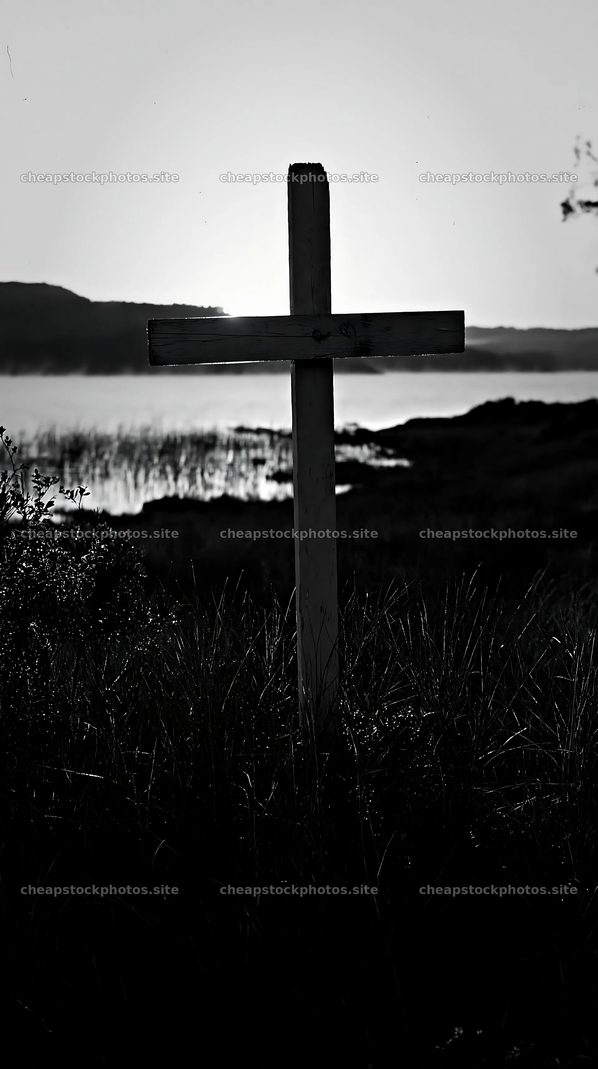 White Christian cross in remote meadow at sunset – stock photos 5938x10608
