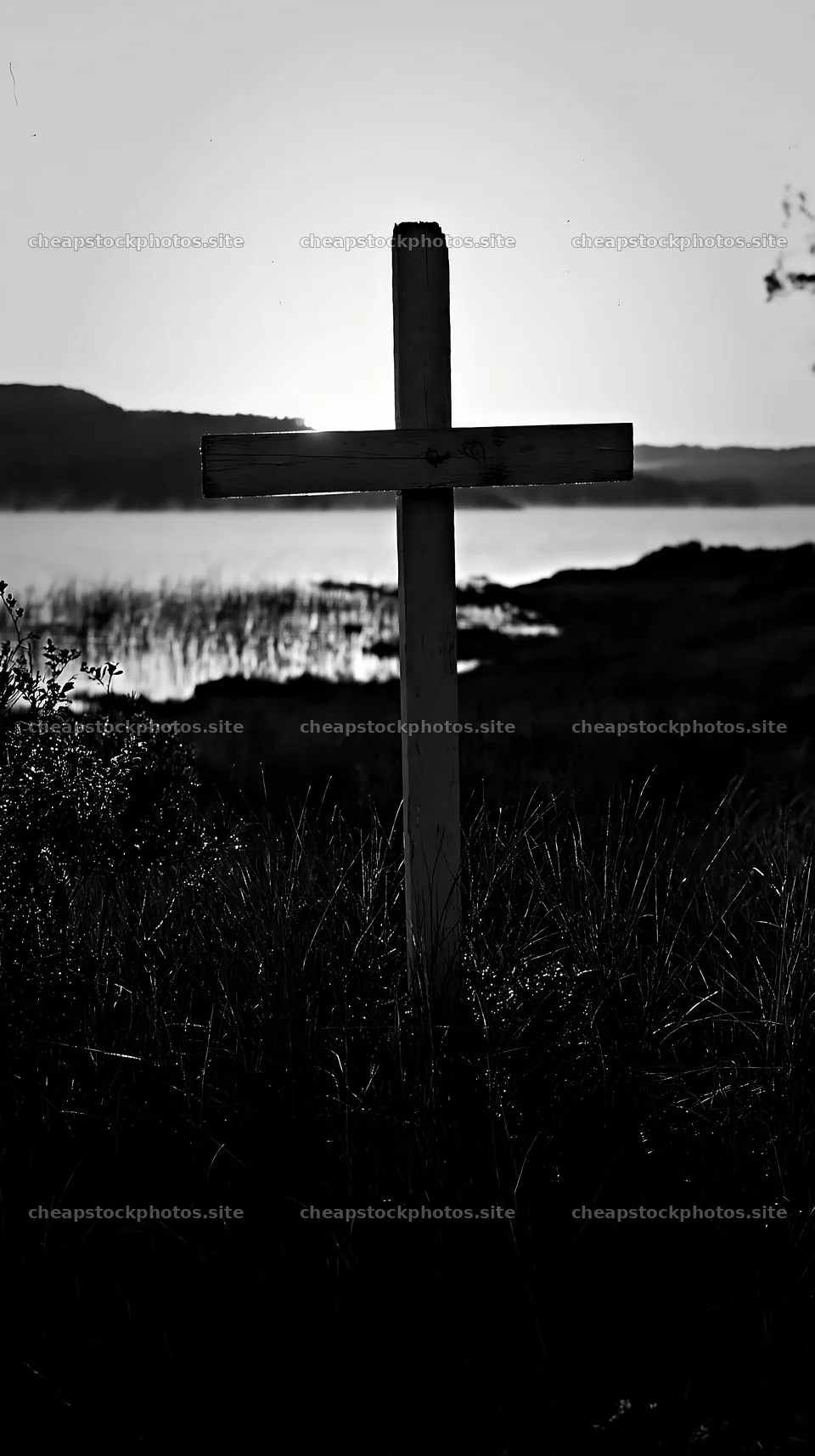 White Christian cross in remote meadow at sunset – stock photos 5938x10608