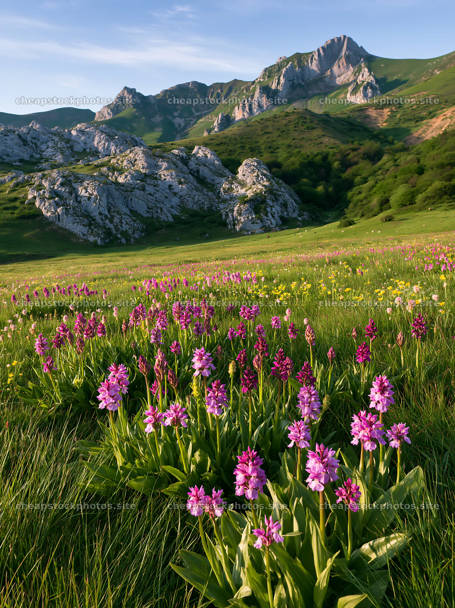Colorful orchid meadow with mountains and blue sky – stock photos 6866x9174