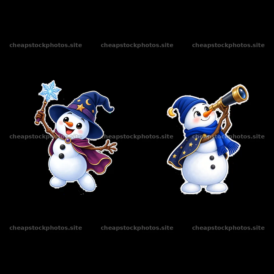 Snowman wizard with wand and snowman explorer with telescope – stock photos 7746x7746