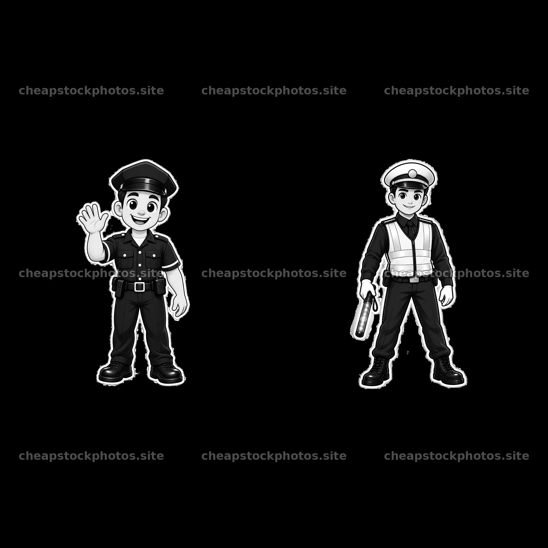 Cartoon police officer waving and traffic officer with baton – stock photos 7746x7746
