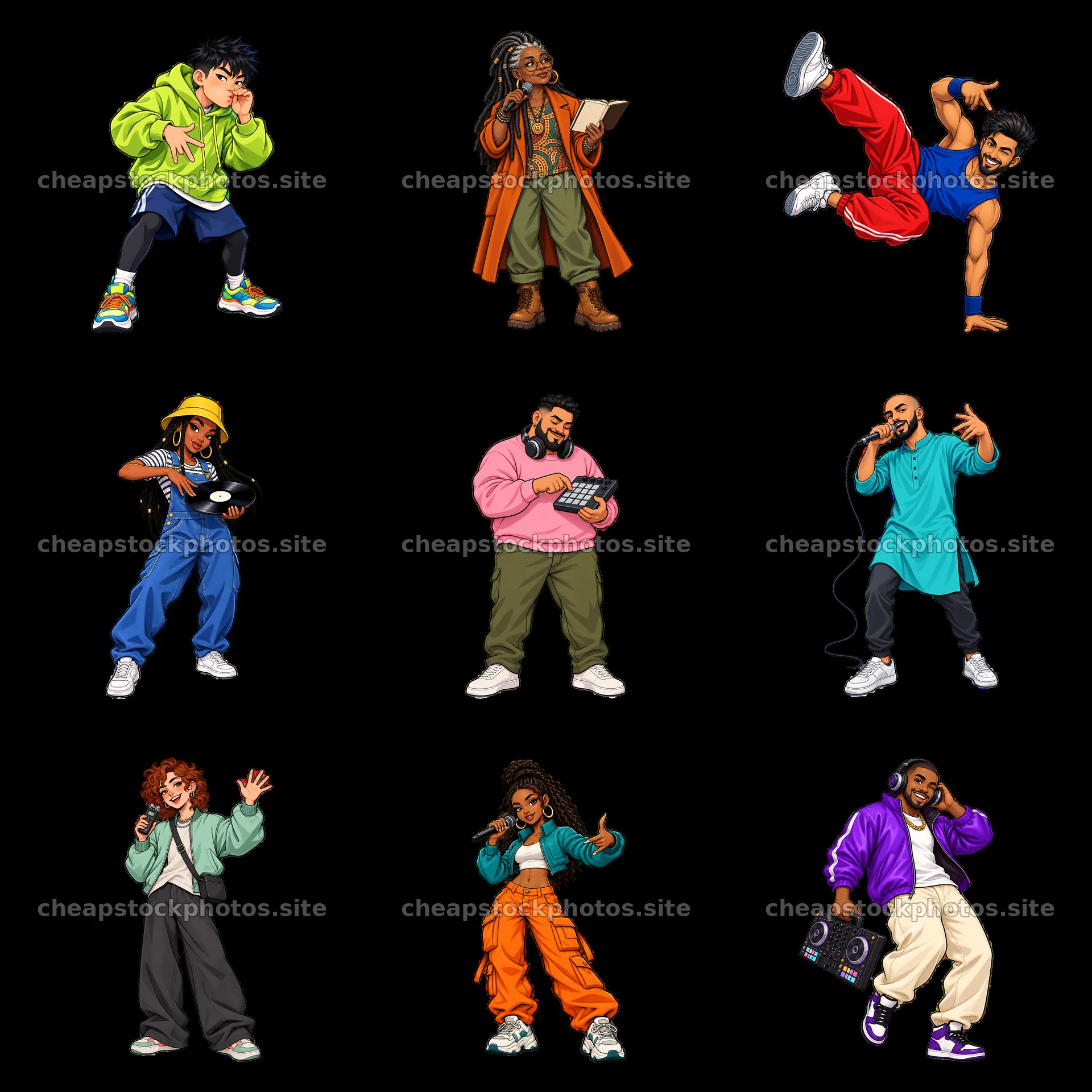 Cartoon hip-hop artists in colorful outfits doing activities – stock photos 7746x7746