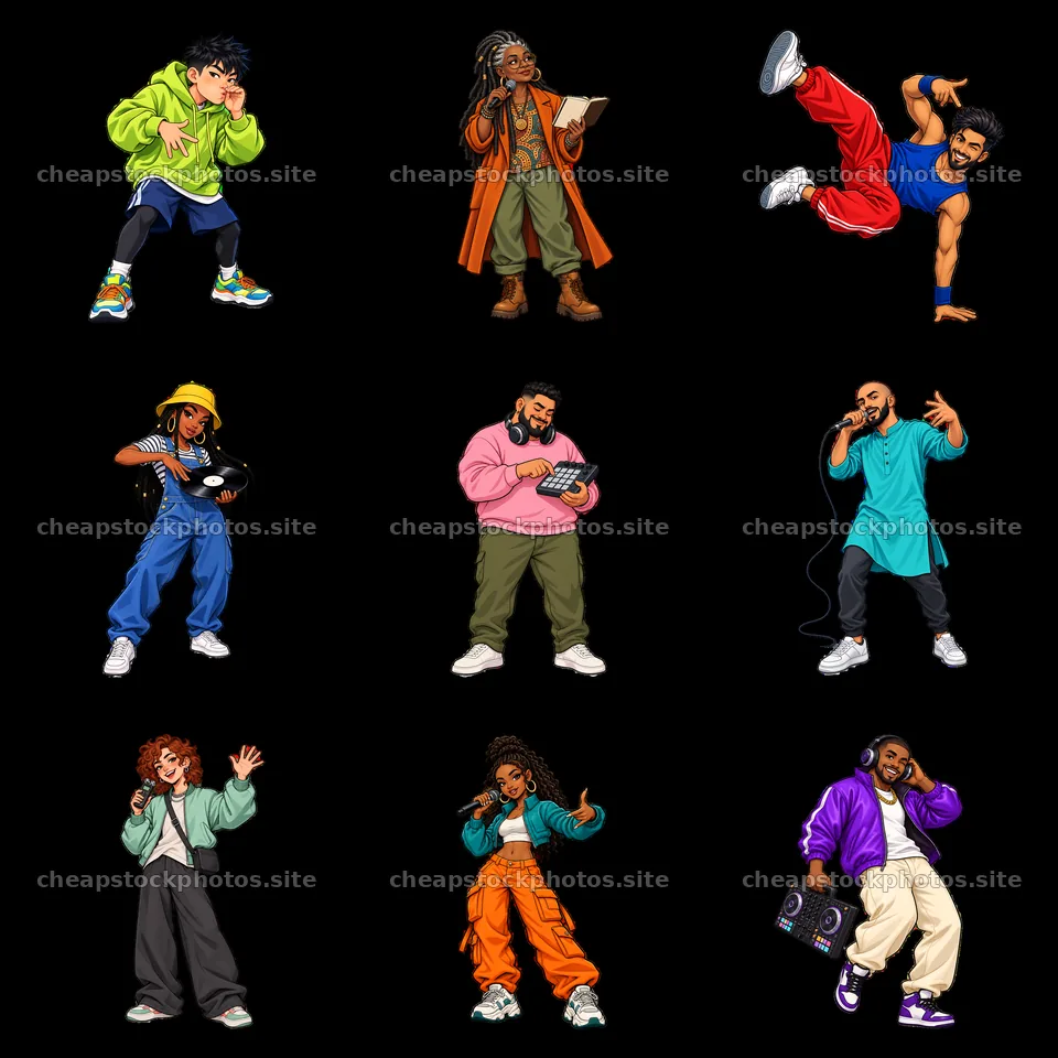 Cartoon hip-hop artists in colorful outfits doing activities – stock photos 7746x7746