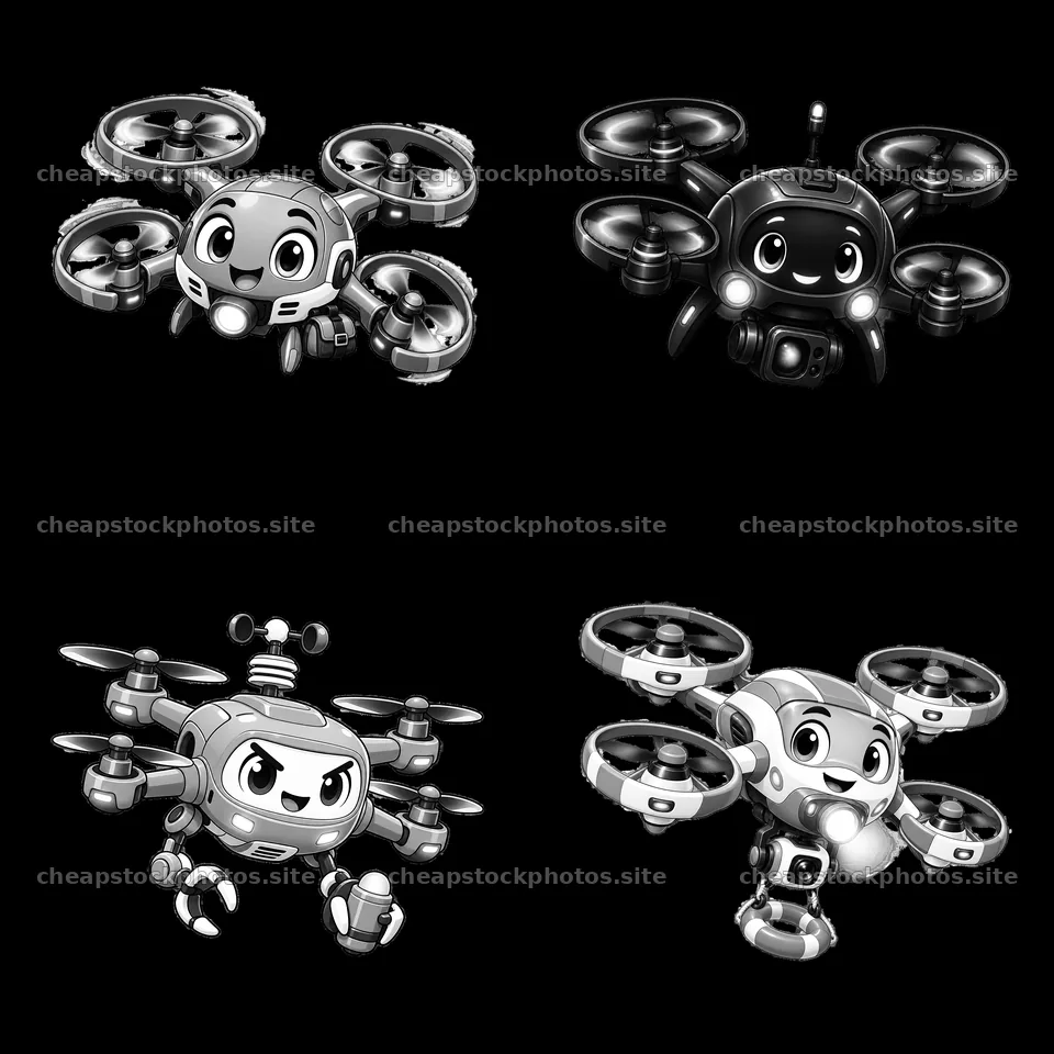 Cartoon drone characters in four playful designs – stock photos 7746x7746