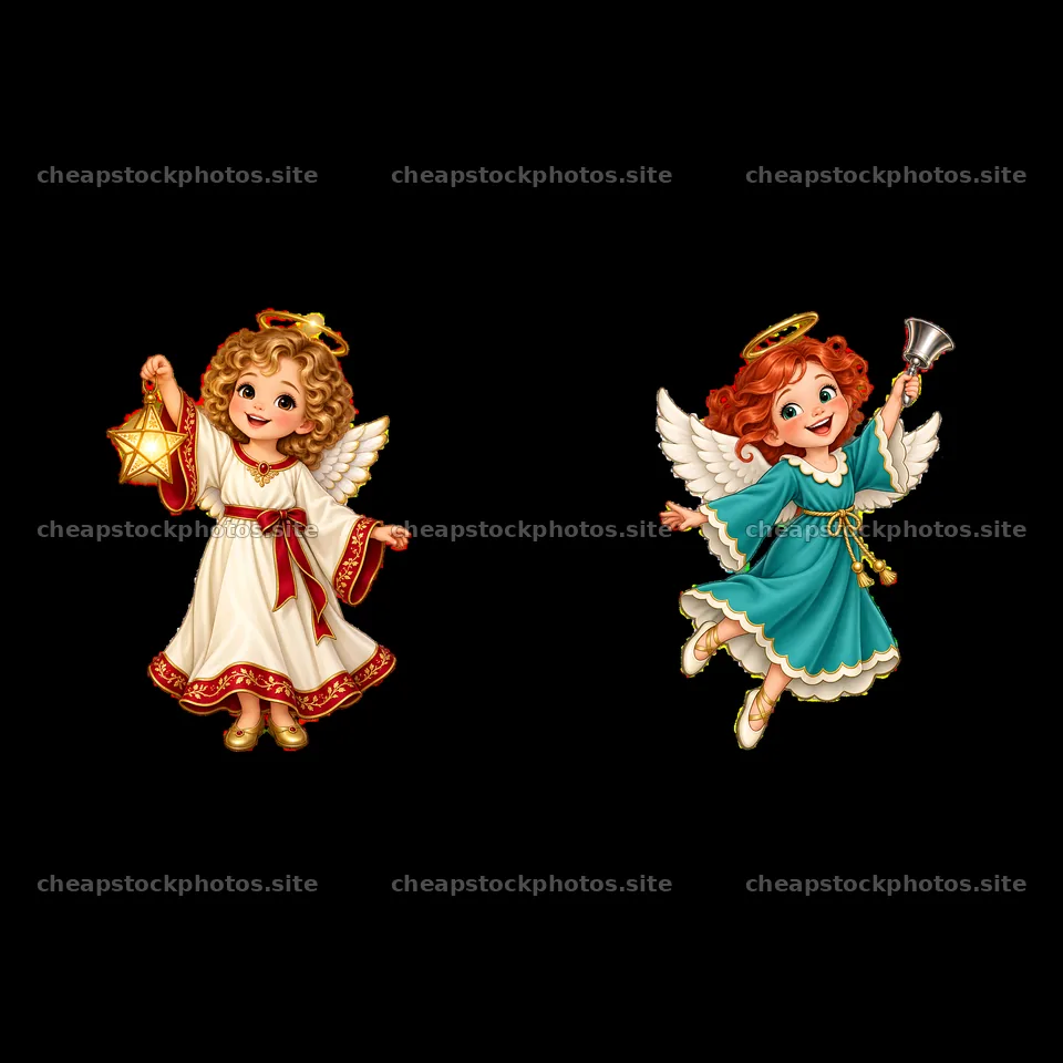 Pair of cartoon Christmas angels with star and bell – stock photos 7746x7746