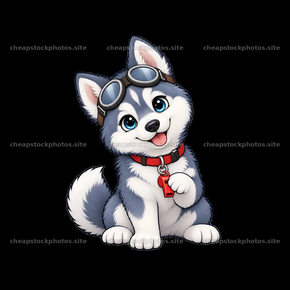 Cute cartoon husky dog wearing goggles and red collar – stock photos 7746x7746