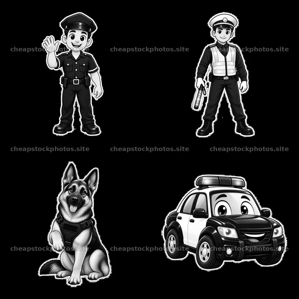 Cartoon police characters with dog and police car in a 2x2 layout – stock photos 7746x7746