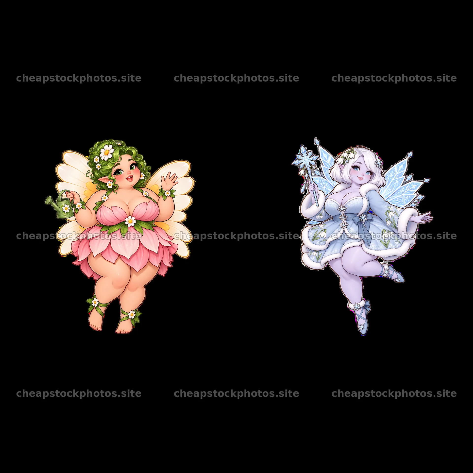 Kawaii ultra-fat fairies with flower and ice themes – stock photos 7746x7746