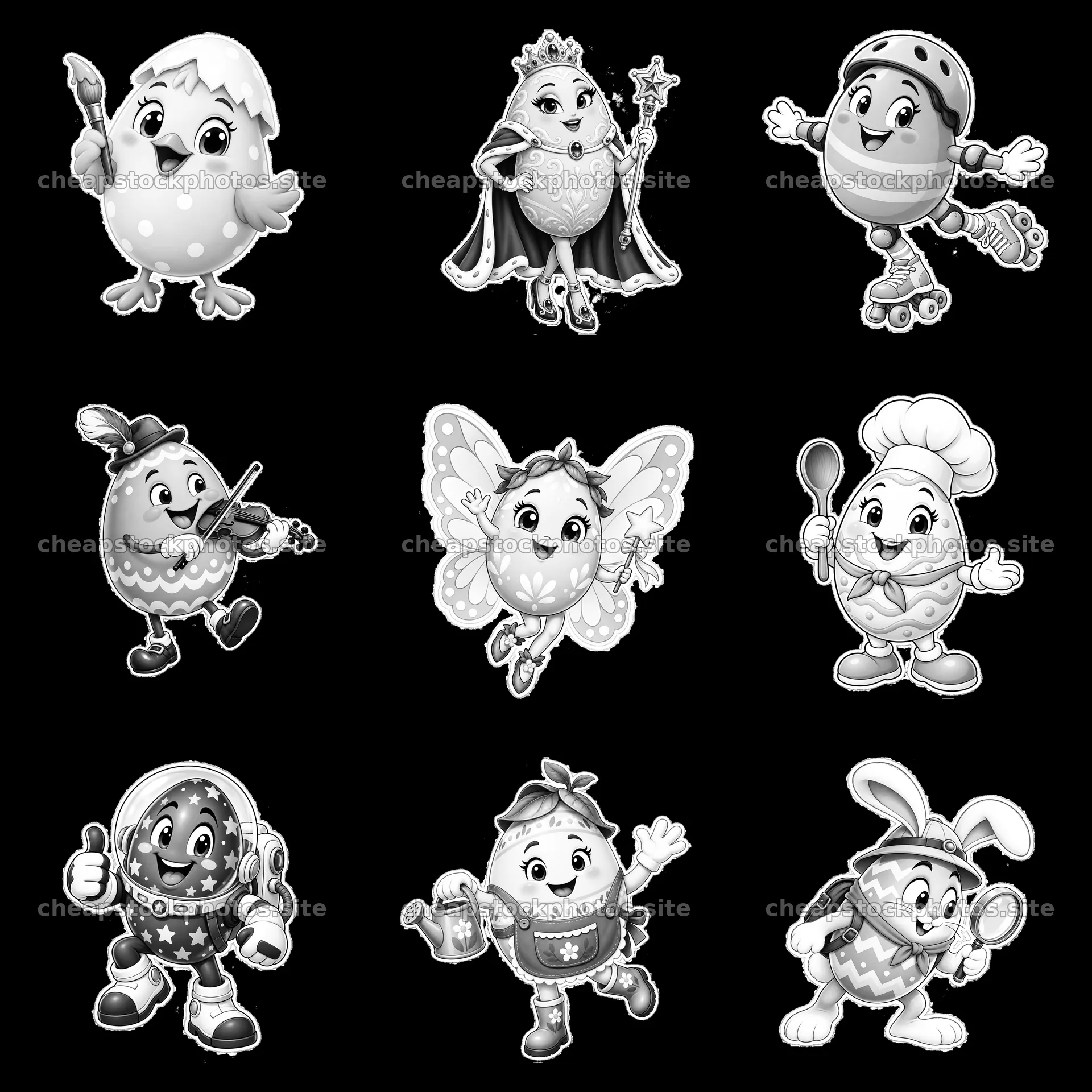 Easter eggs in a 3x3 grid with diverse characters and actions – stock photos 7746x7746